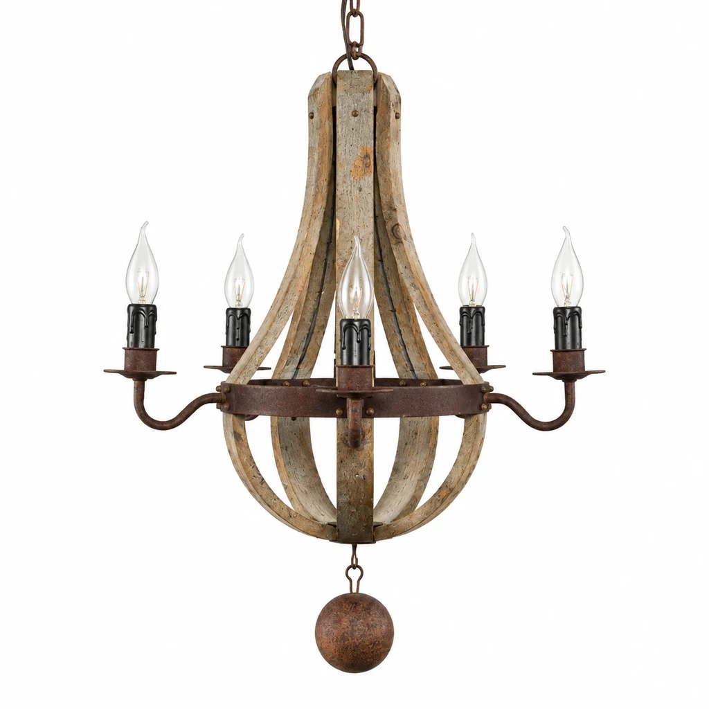 Elowen five-light pear-shaped rustic wood chandelier on white