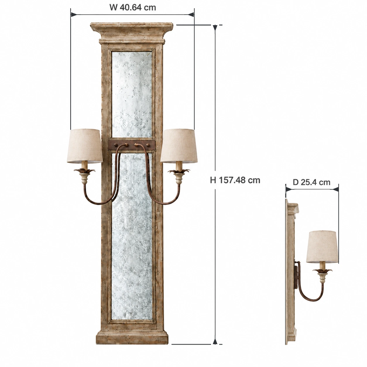 Marlow wall sconce dimensions: 157.48 cm high, 40.64 cm wide, 25.4 cm projection