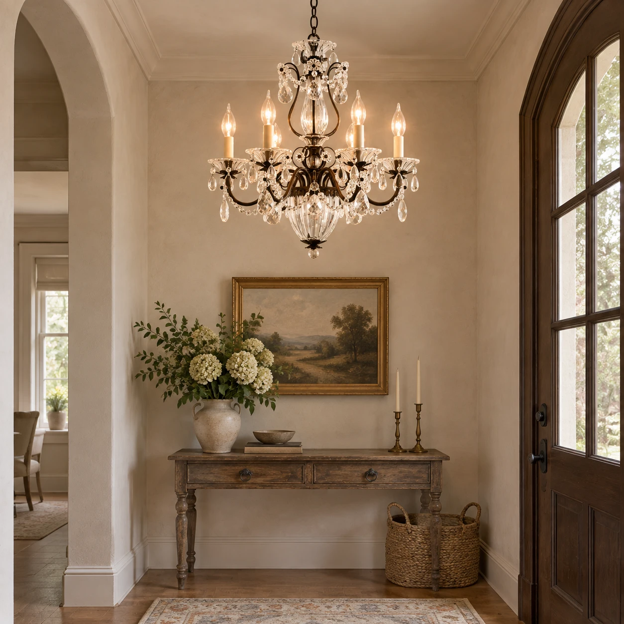 American Rustic Crystal Chandelier in a narrow entry foyer with a plaster wall and antique console