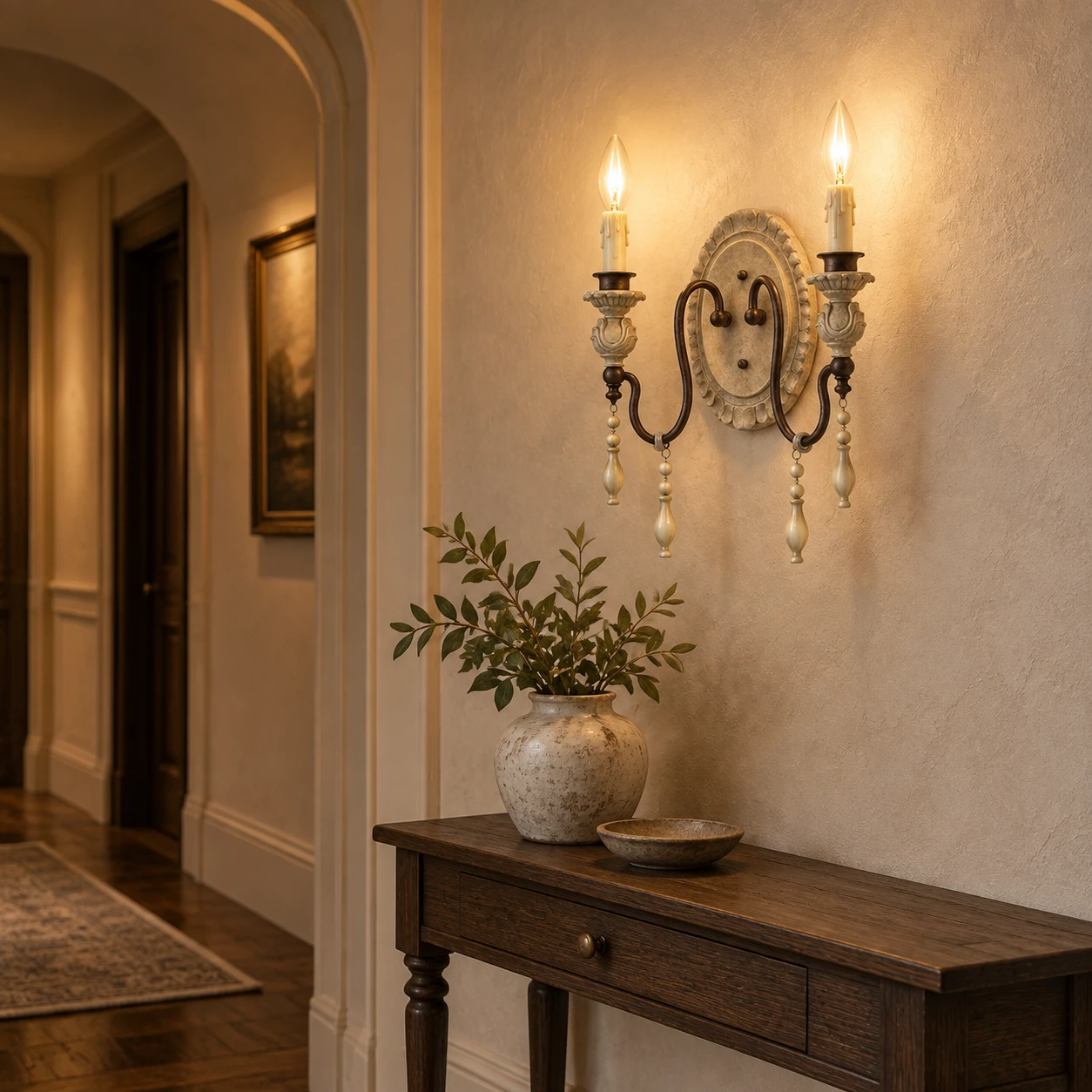 Two-light carved wood wall sconce in a boutique hotel room