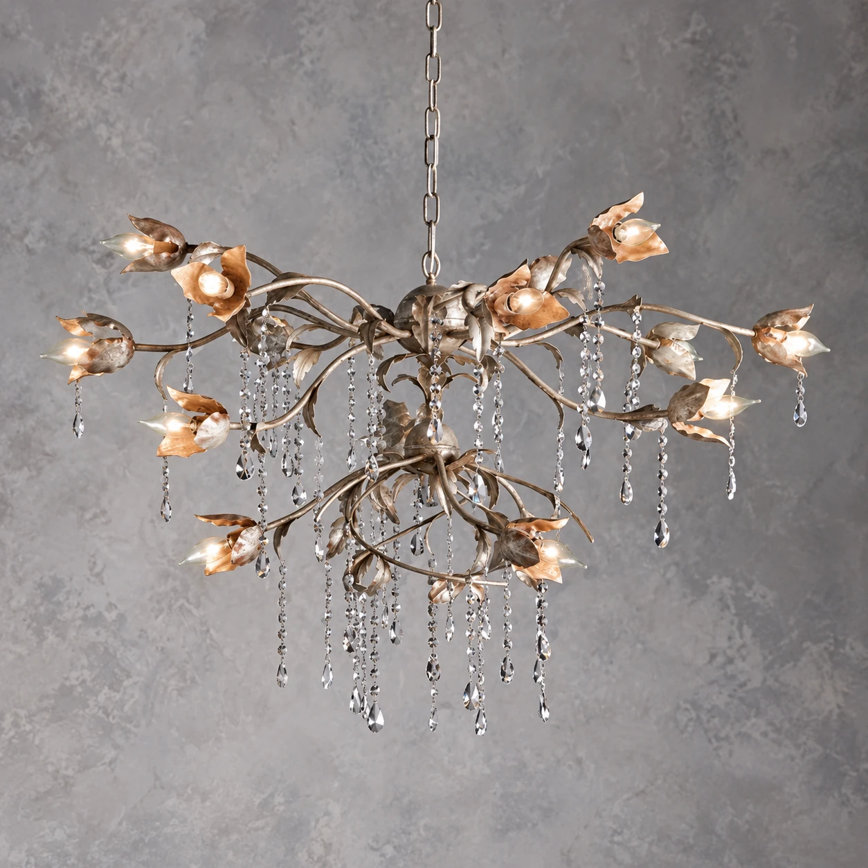 Distressed silver branching crystal chandelier