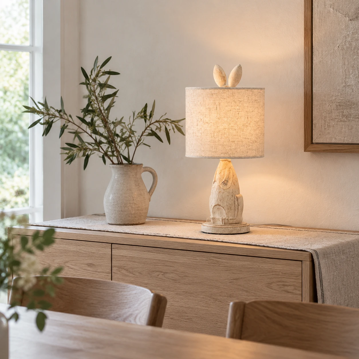 Natural washed-wood bunny table lamp on a dining sideboard