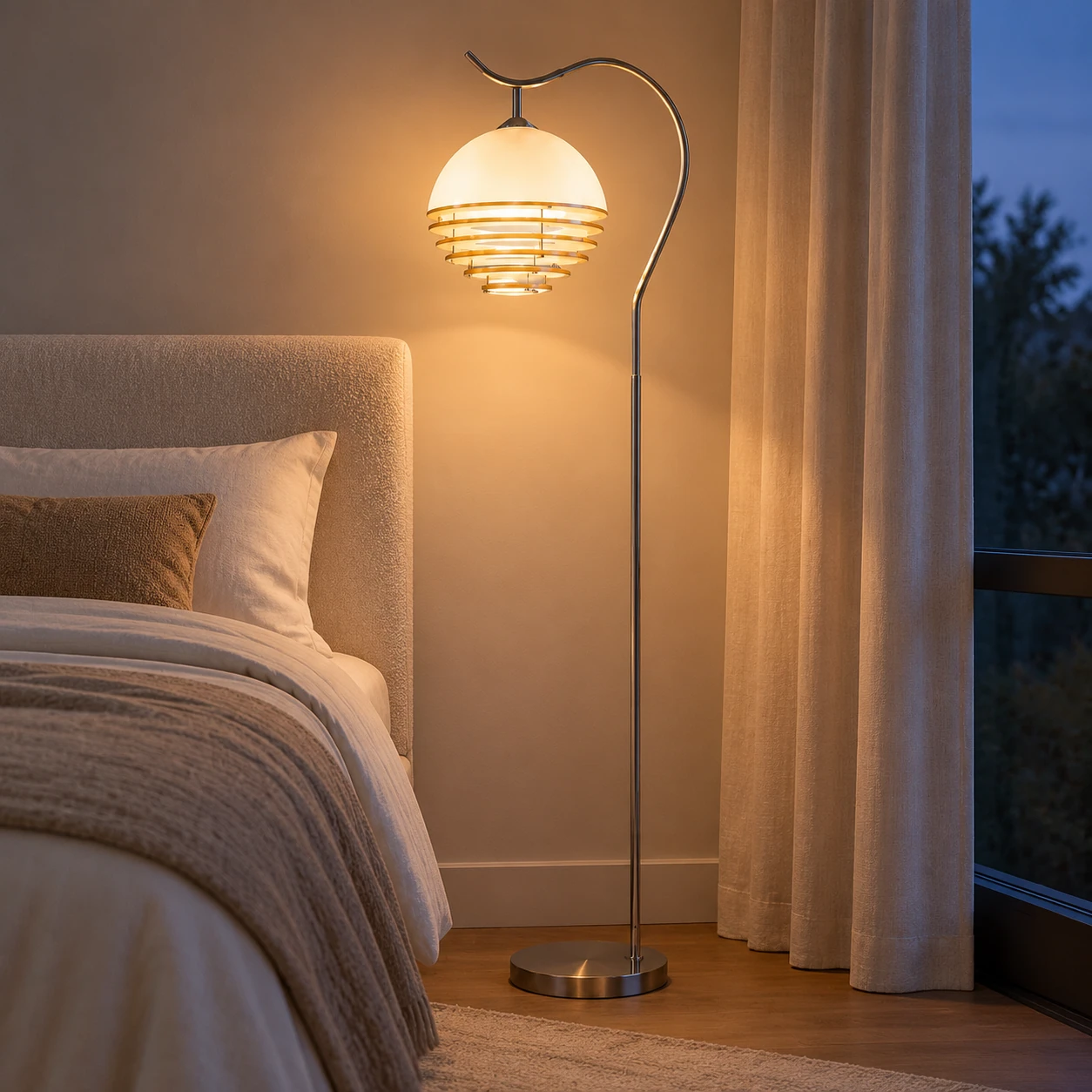 Calvero Size C floor light in a blue-hour bedroom