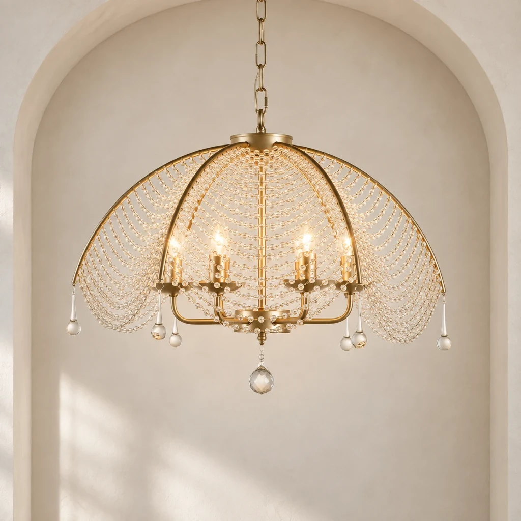 Aurelia vintage beaded dome chandelier illuminated in a tailored architectural dining room
