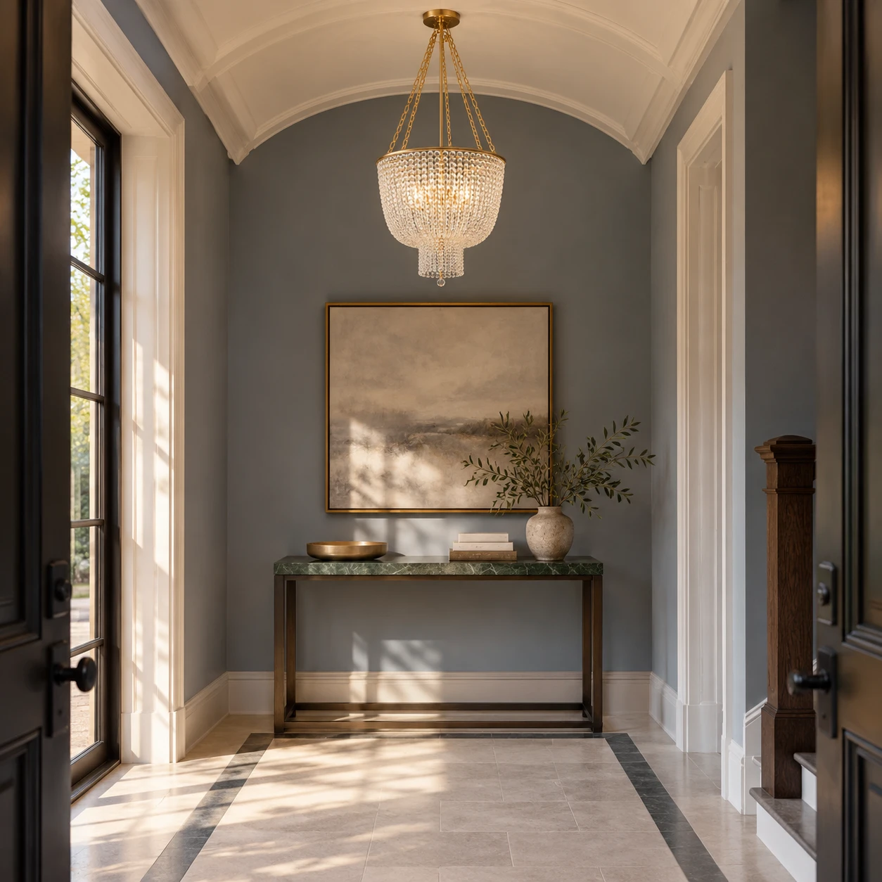 4-light clear bead chandelier in a townhouse entry hall