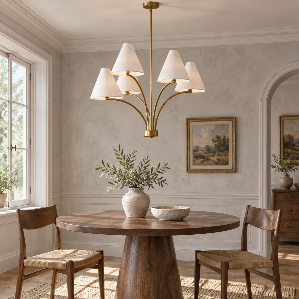 Warm brass fabric shade branch chandelier installed above a dining table