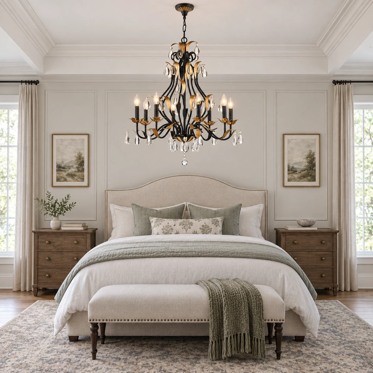 Black and gold crystal chandelier in a bedroom