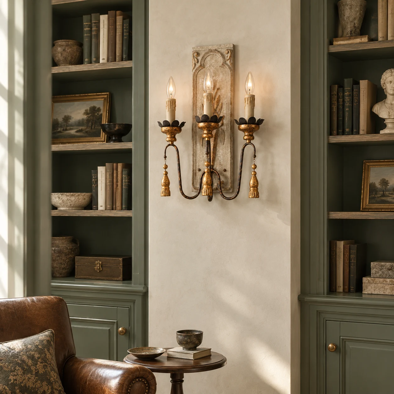 Camille French country carved-wood wall sconce in a library reading wall