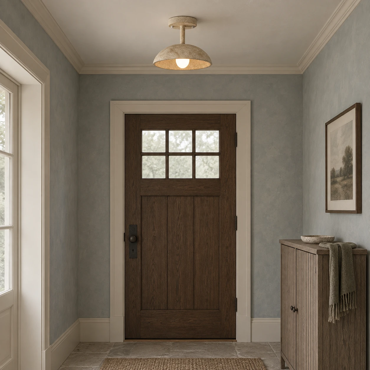 Clara textured resin flush mount ceiling light in a heritage blue entryway