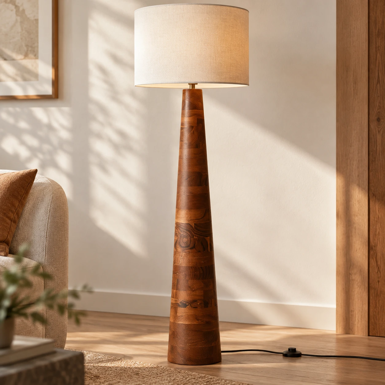 Marlow Rustic Carved Wood Floor Lamp — Carved wood column detail