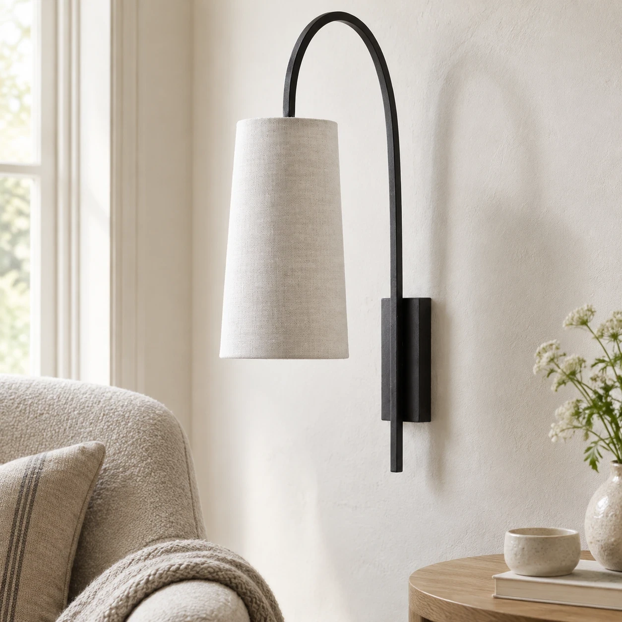 Black Iron fabric wall sconce in a reading corner