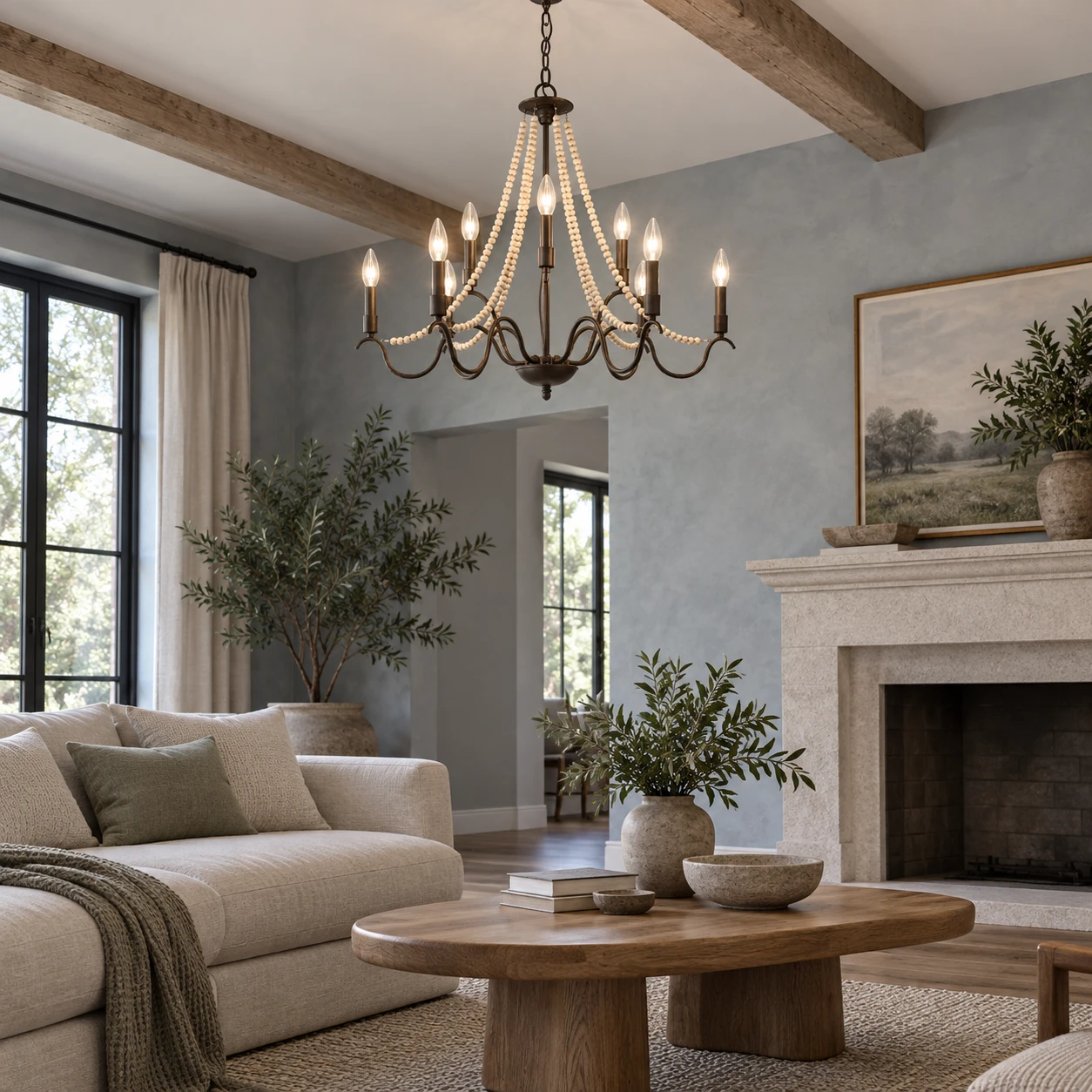 French vintage wood bead chandelier in a living room