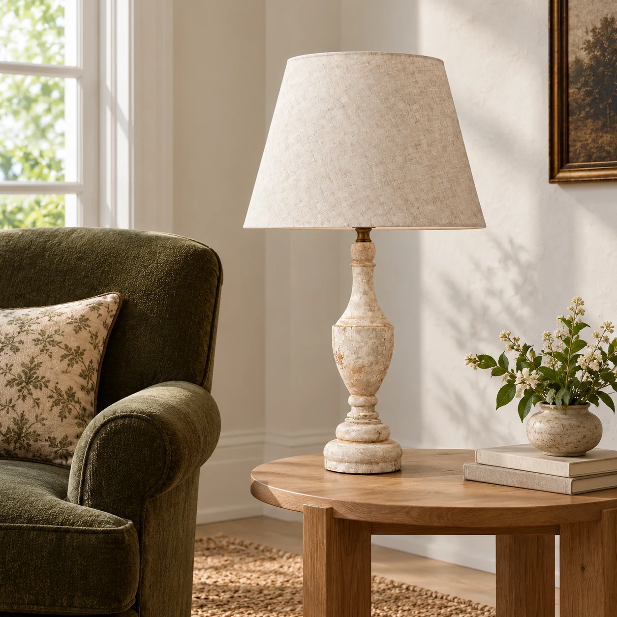 Antique white table lamp beside a reading chair