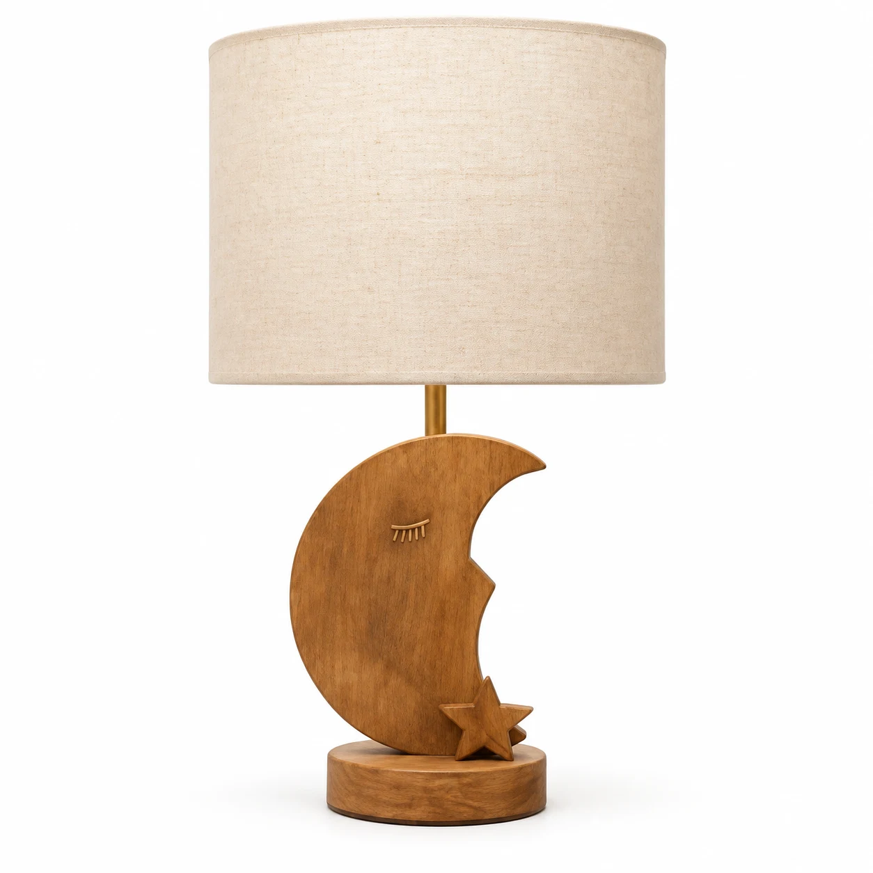 Moon carved wood table lamp on a white background
