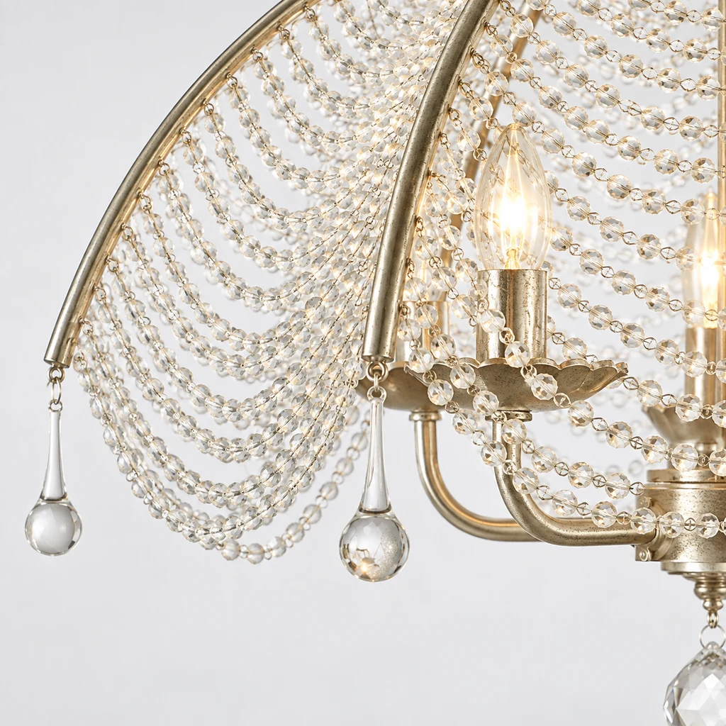 Close view of Aurelia clear bead drops and translucent crystal mesh