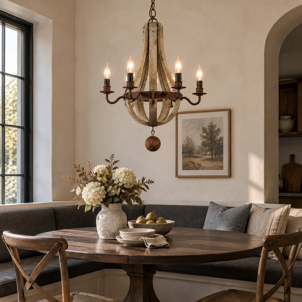 Elowen five-light chandelier above a charcoal breakfast nook