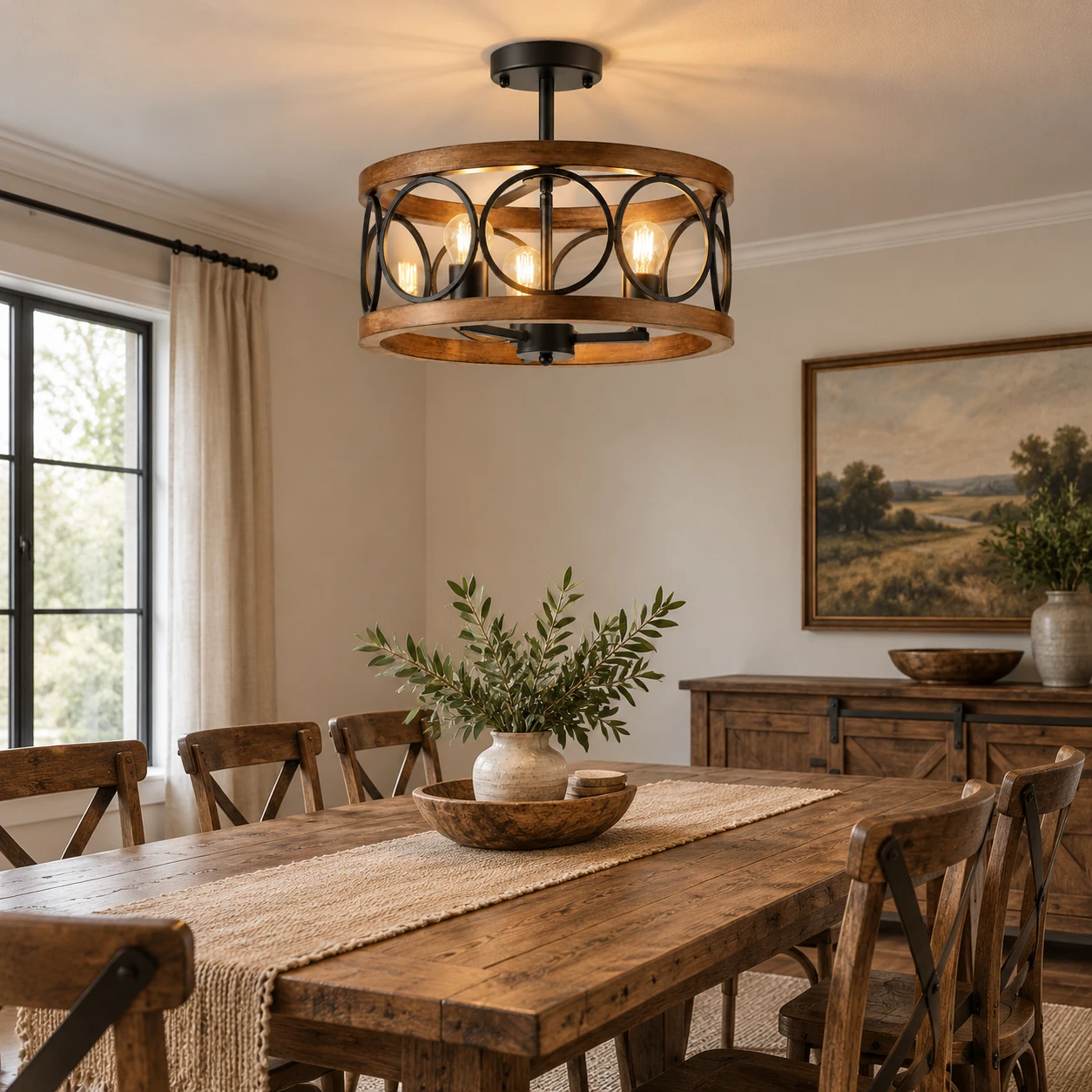 American Rustic Wood Lantern Ceiling Light in an American rustic dining area with a long wood table