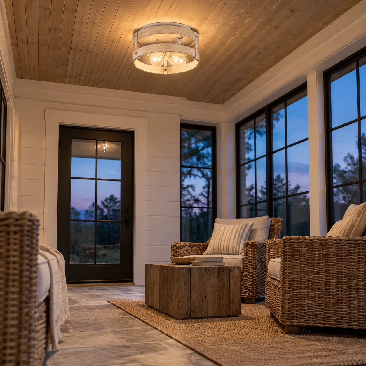 White wood round ceiling light in a covered porch room at evening