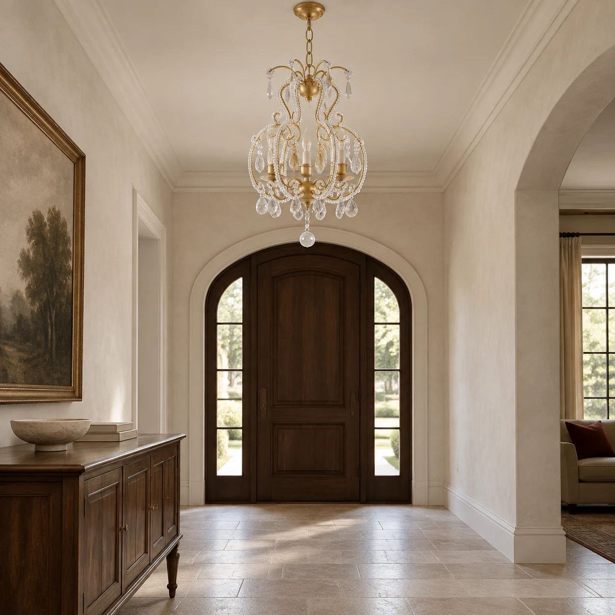 Large gold crystal chandelier in an entry hall