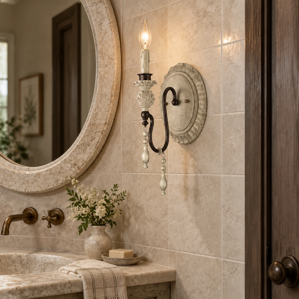 One-light carved wood wall sconce in a powder room
