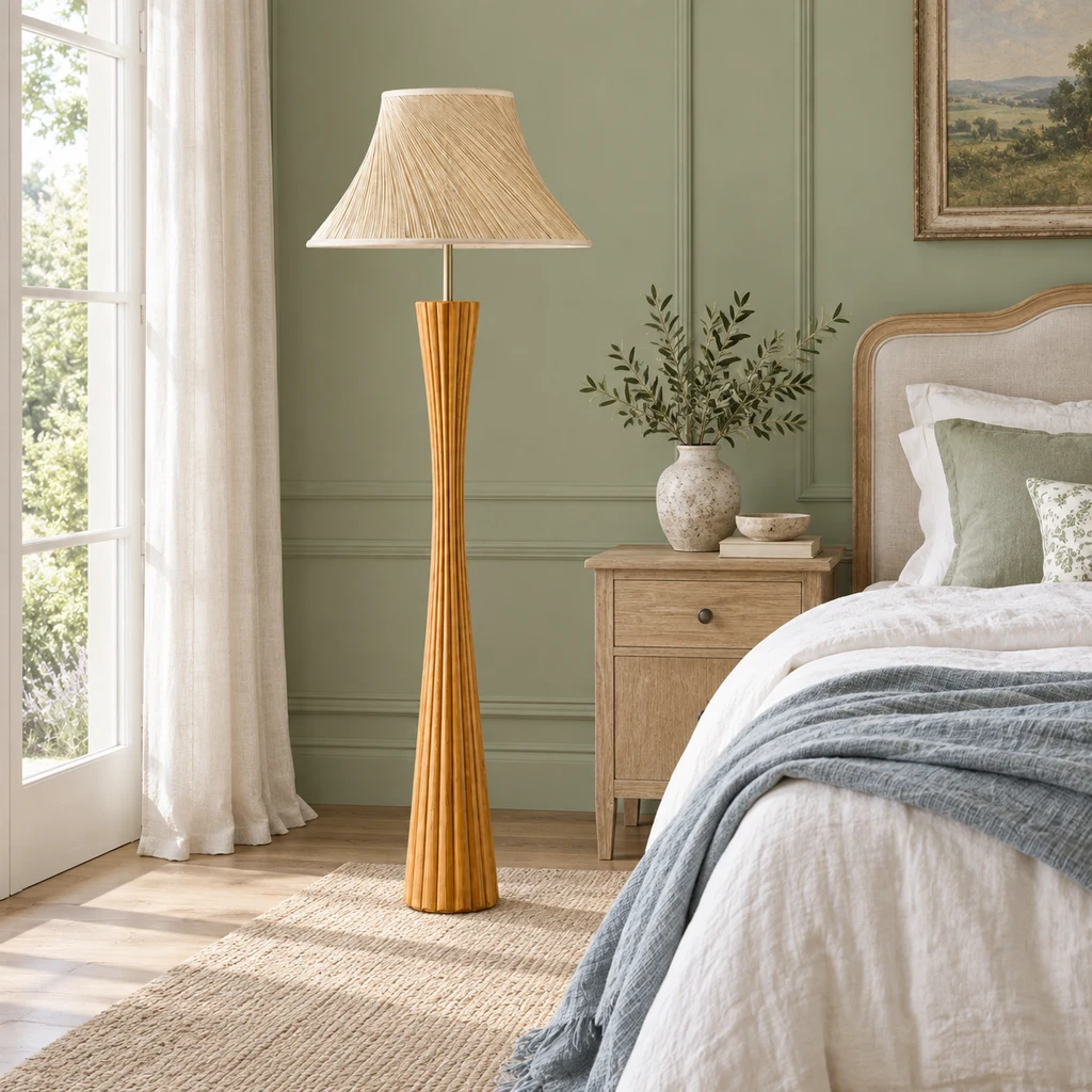 Elodie wooden floor lamp in a sage-green French-country bedroom