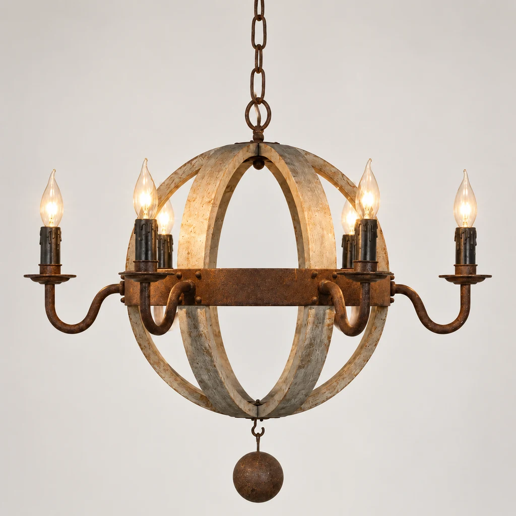Elowen six-light spherical wood chandelier switched on in a neutral studio