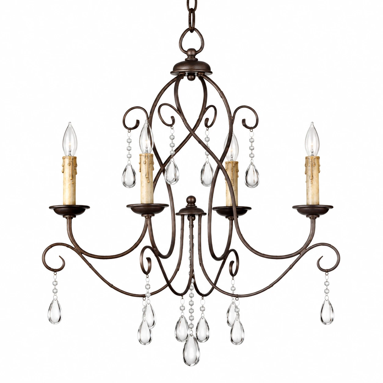 Evelyn four-light iron chandelier on white background
