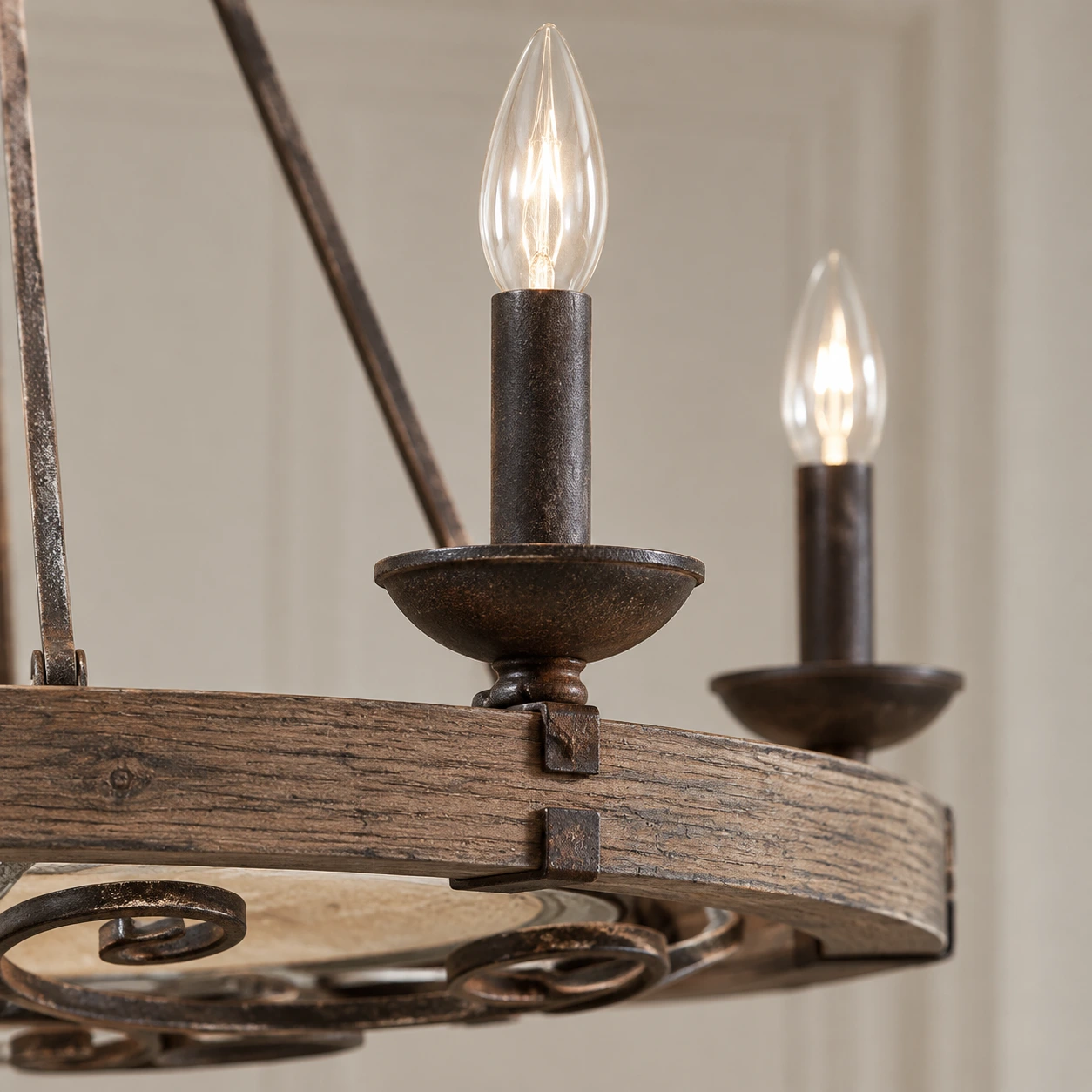 Clara Rustic Wagon-Wheel Wood and Iron Chandelier, detail candle