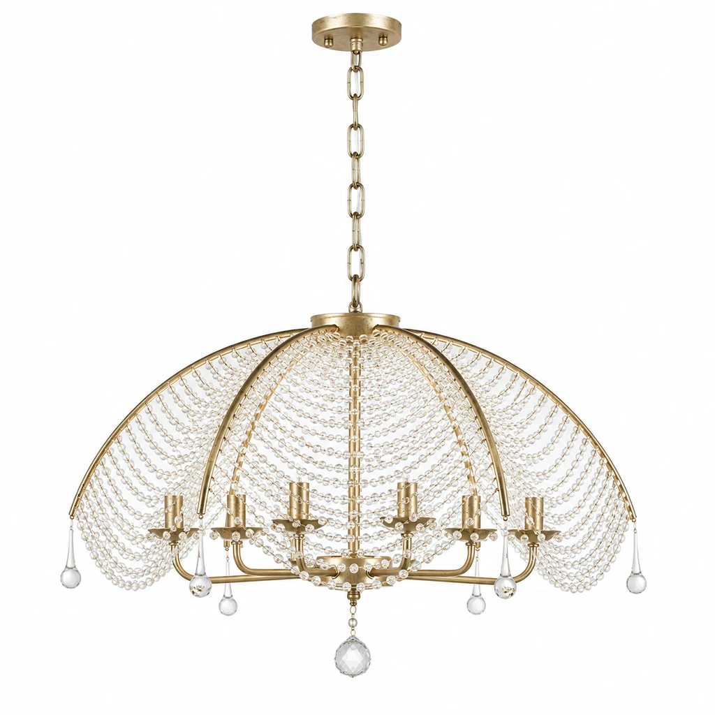 Aurelia vintage gold eight-head beaded dome chandelier on white