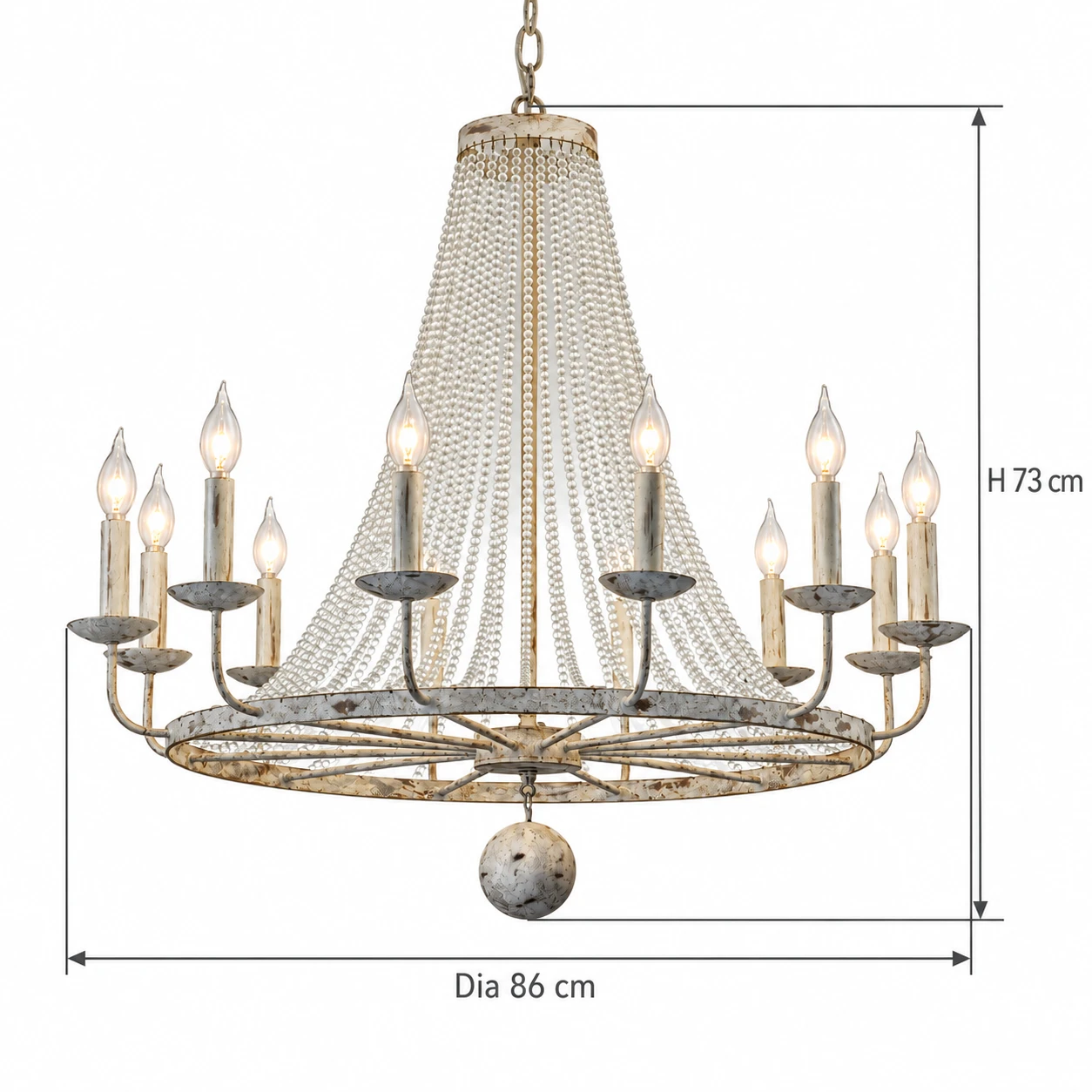 12-light chandelier dimensions: 73 cm high and 86 cm diameter