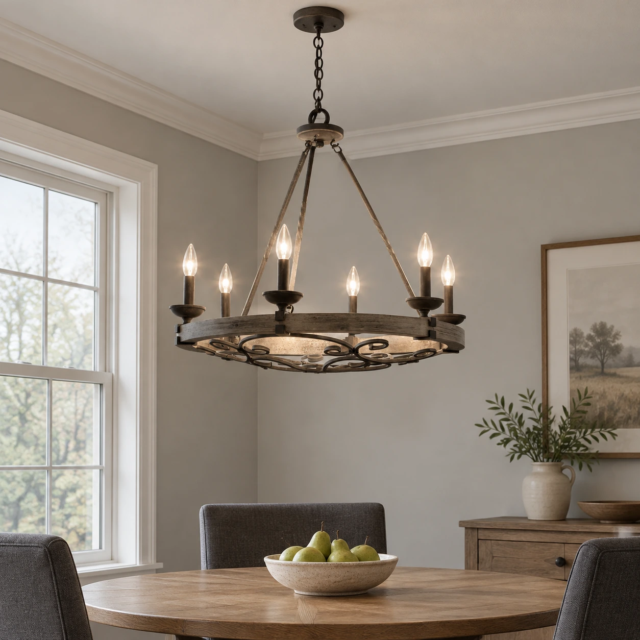 Clara Rustic Wagon-Wheel Wood and Iron Chandelier, scene 6 breakfast v2