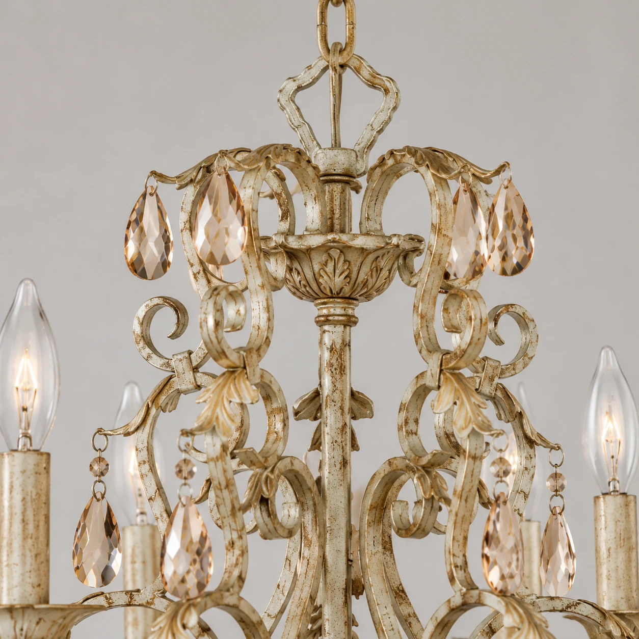 Eliza chandelier aged iron scrollwork detail