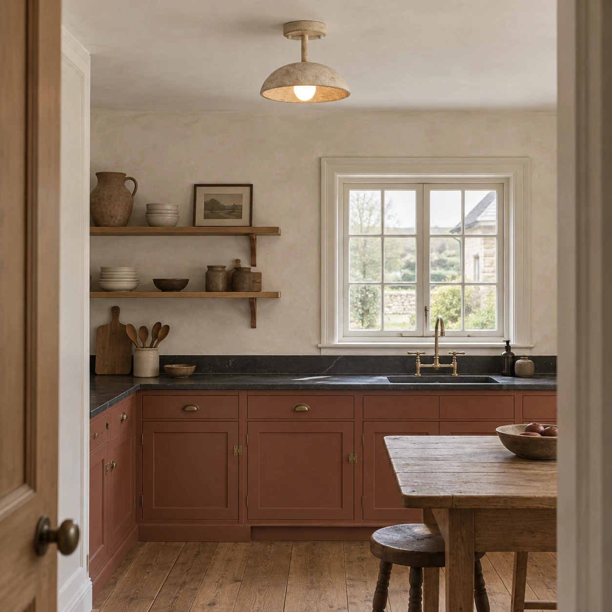 Clara textured resin flush mount ceiling light in a clay-toned cottage kitchen