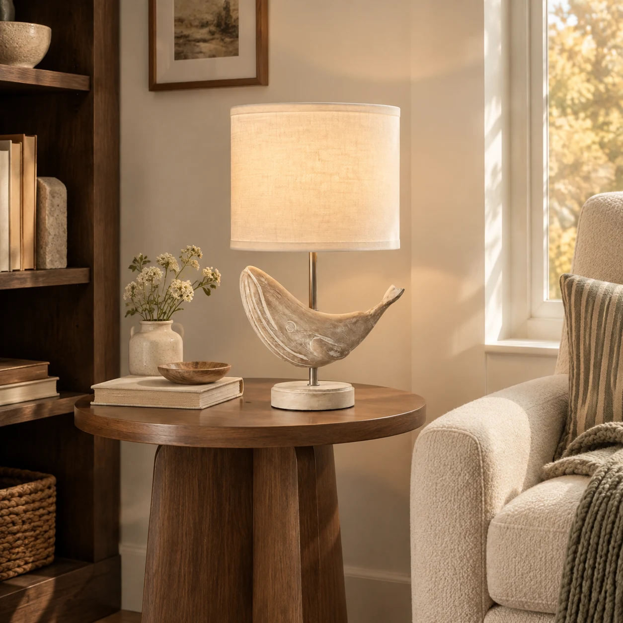 Whale carved wood table lamp in a study corner setting