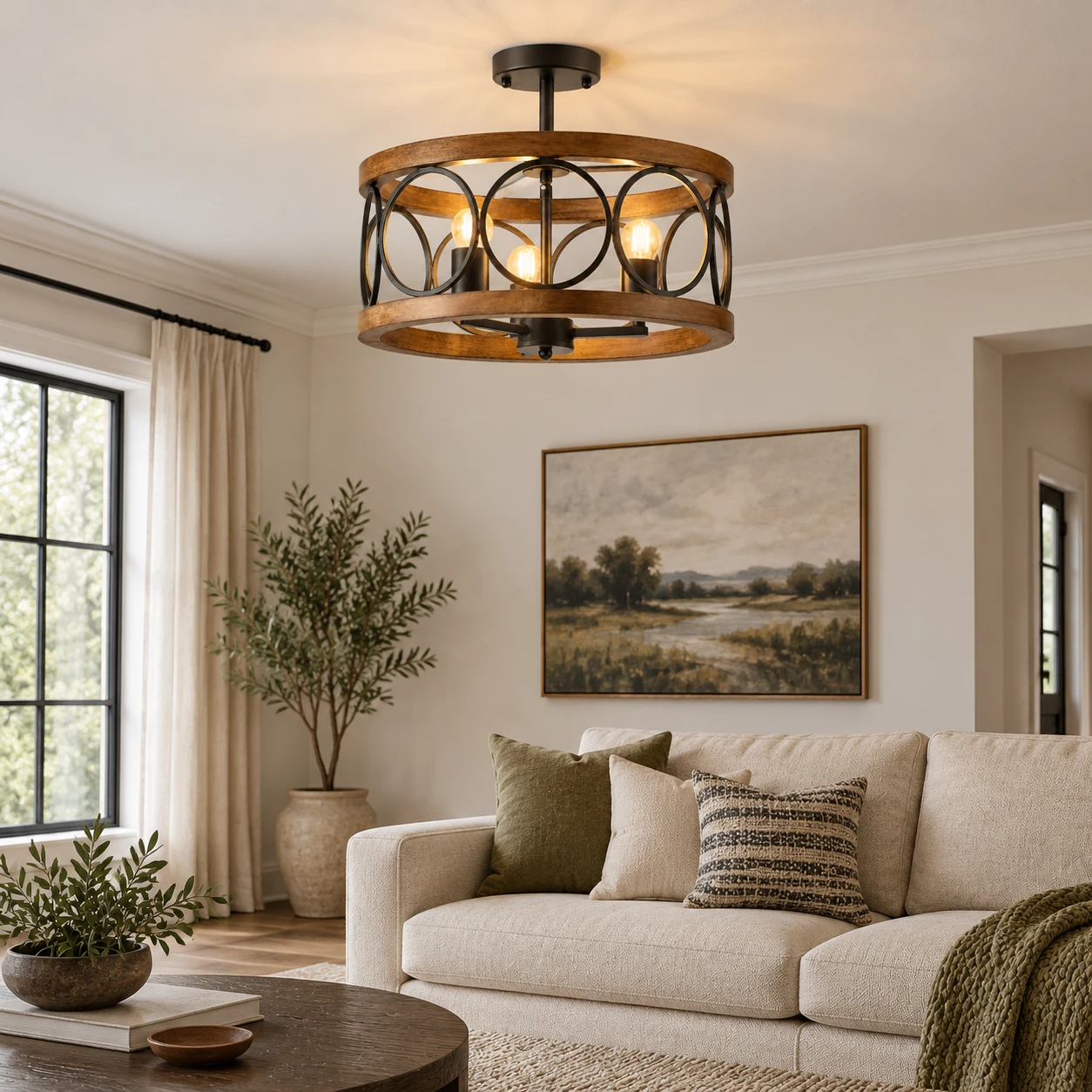 American Rustic Wood Lantern Ceiling Light in a living room with an upholstered sofa and dark oak side table