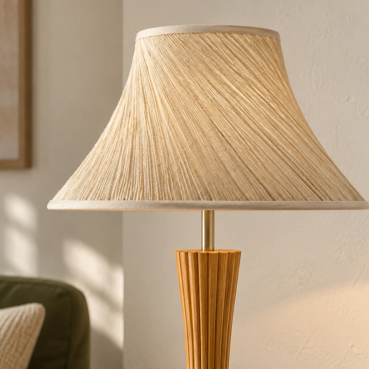 Close view of the Elodie lamp's woven shade edge, stitched trim and upper wood column