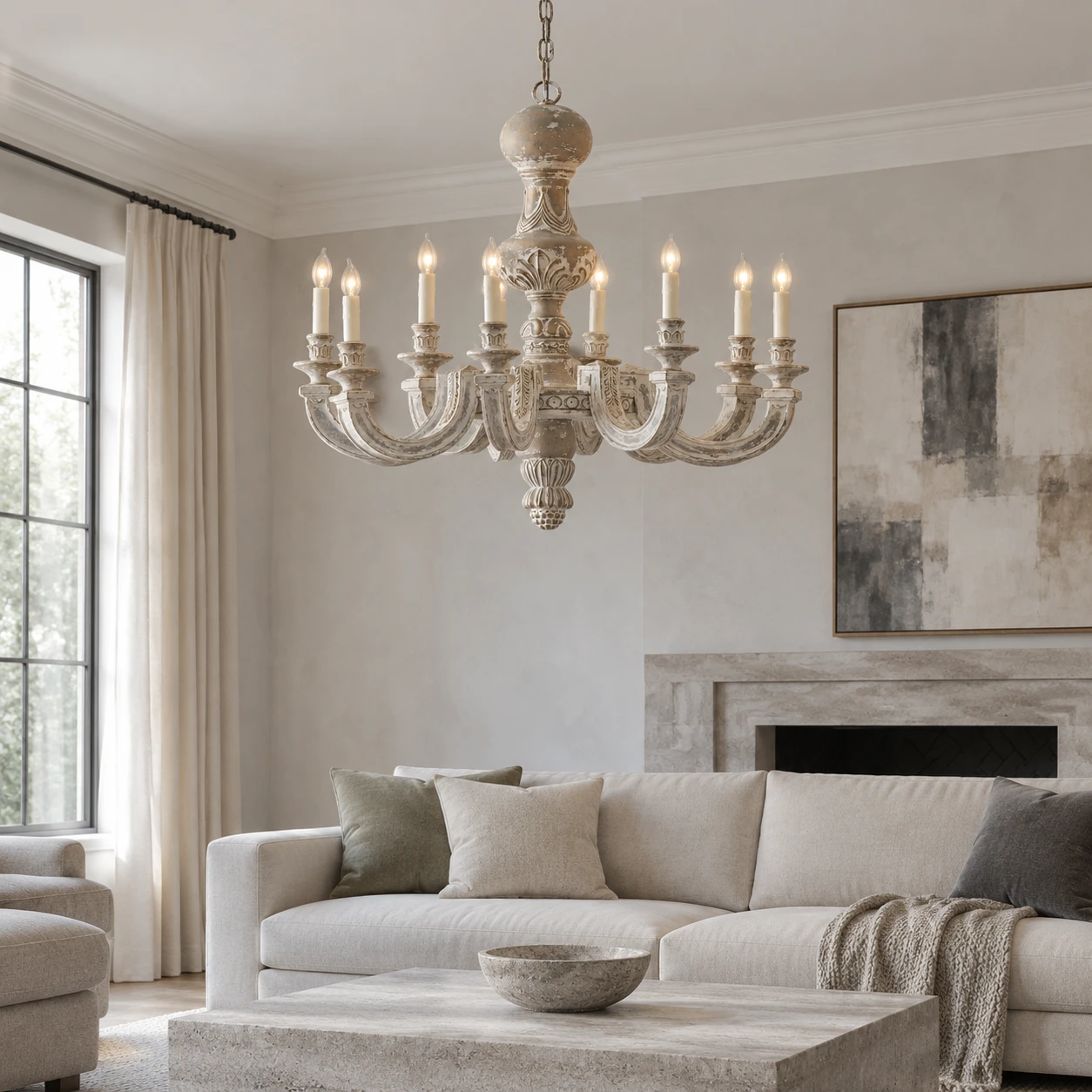 Eight-light distressed wood chandelier in a living room