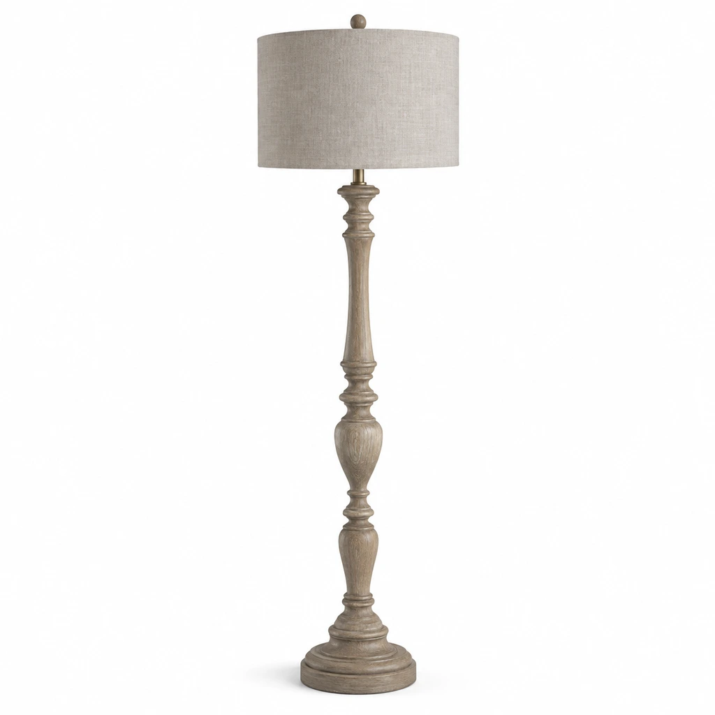 Front view of Merritt carved wood floor lamp with fabric shade on white background