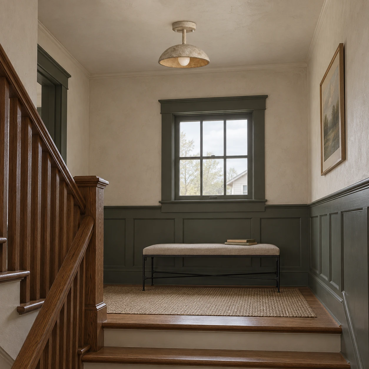 Clara textured resin flush mount ceiling light above a Craftsman stair landing