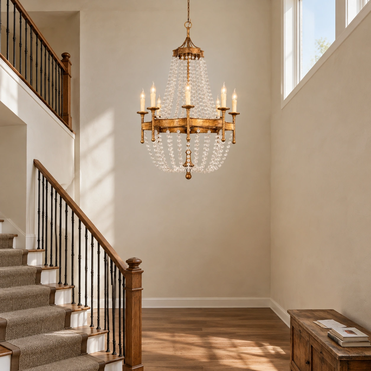 Camille chandelier in a tall two-story duplex stair hall