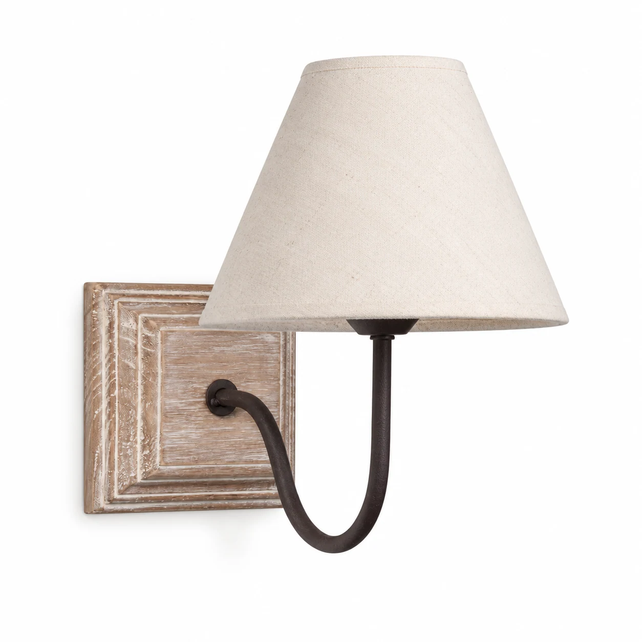 Natural wood curved-arm wall sconce with off-white fabric shade against white
