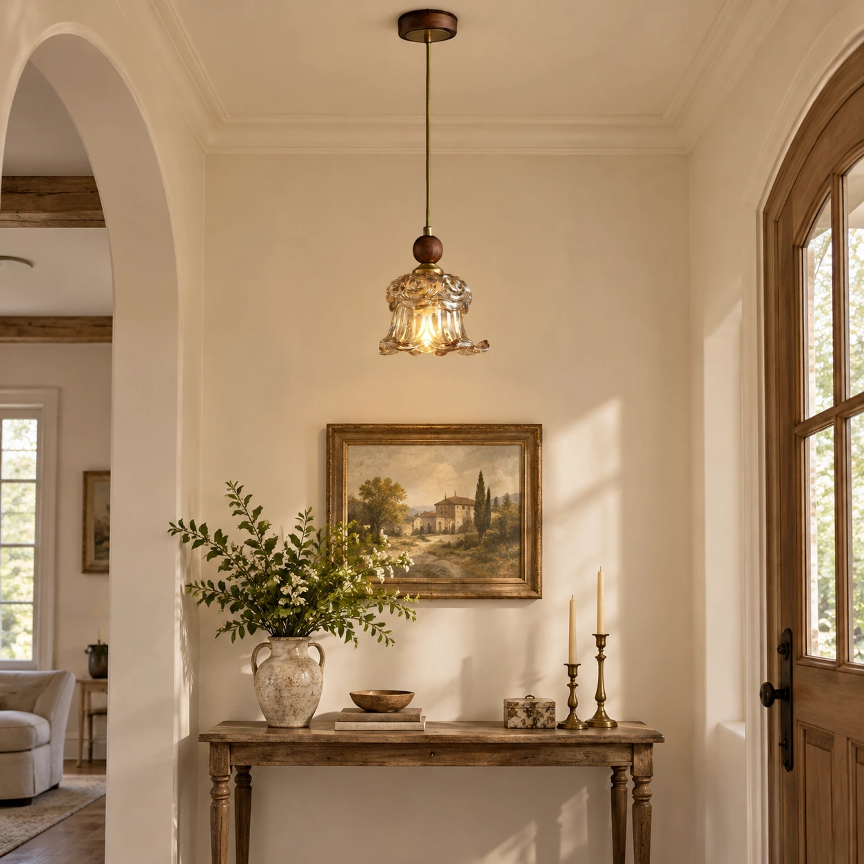 Floral glass pendant light in an entry foyer