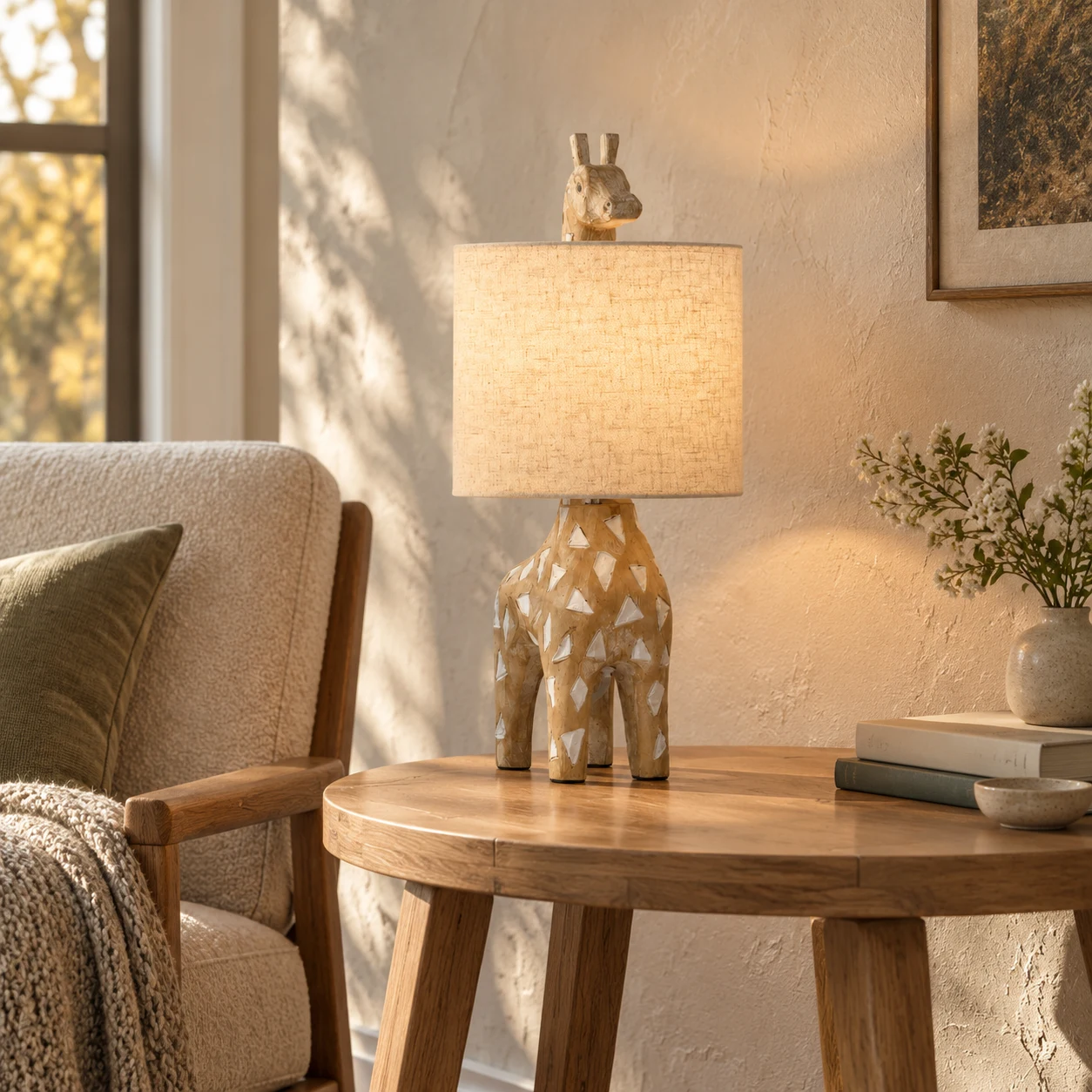 Giraffe carved wood table lamp in a reading corner setting