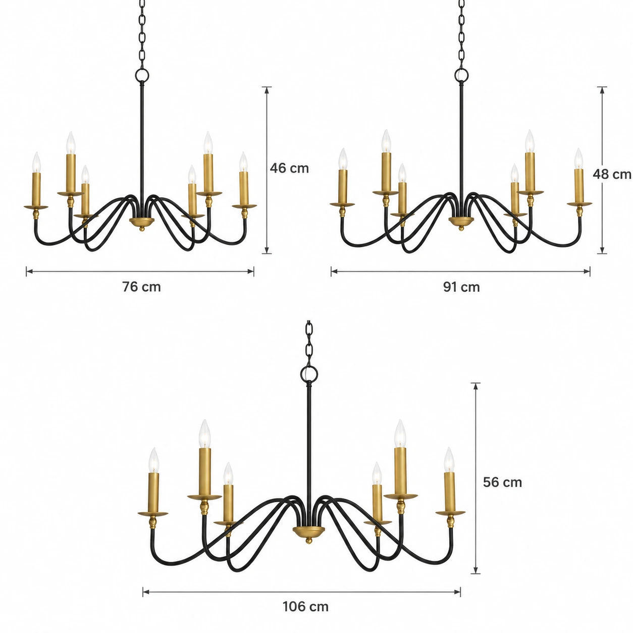 Arden chandelier dimensions: 76, 91 or 106 cm diameter with matching fixture heights