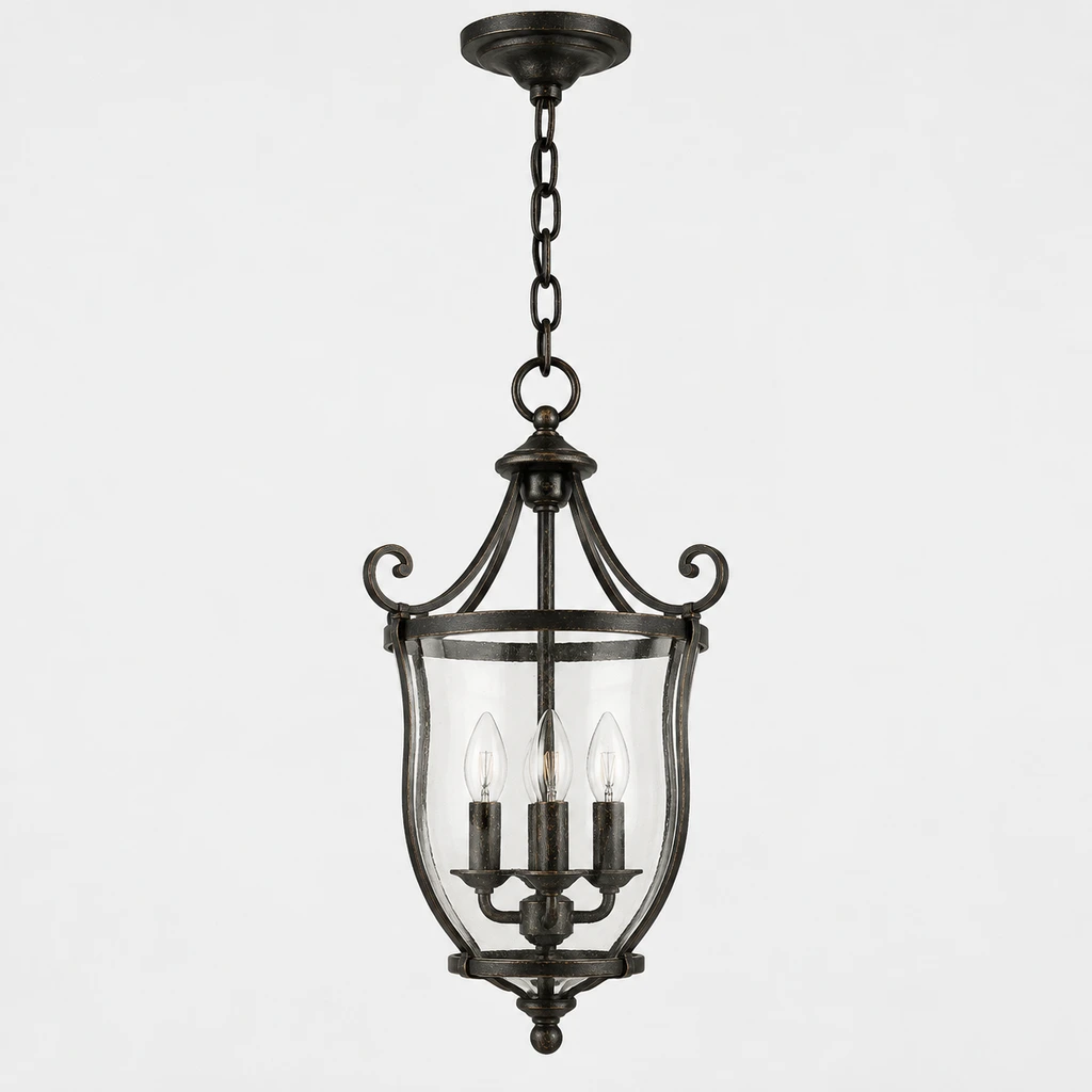 Harrow chandelier at a natural scale in a double-height entry atrium