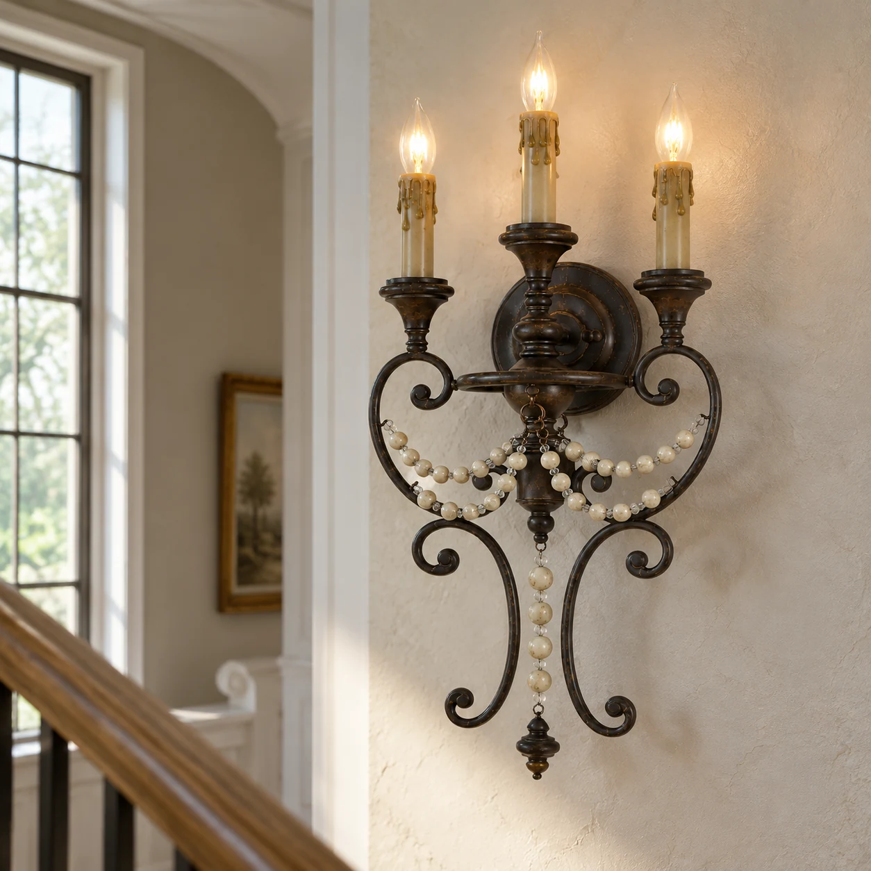 Antique three-light beaded wall sconce, residential installation scene
