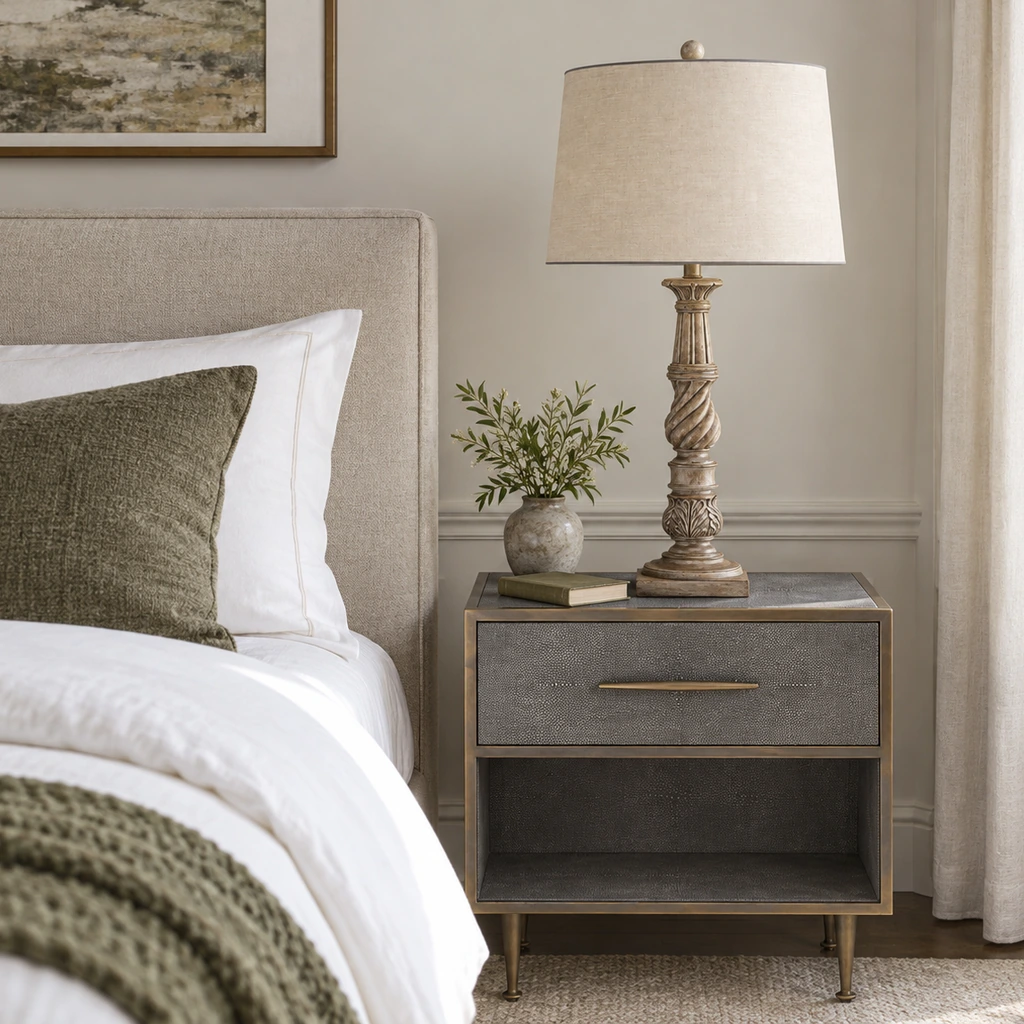 Elowen carved wood table lamp on a bedroom nightstand