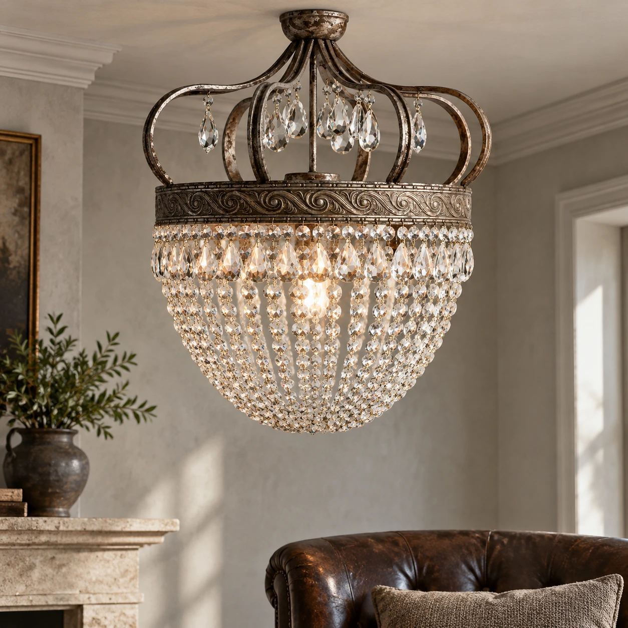 Iris Vintage Crown Iron-and-Crystal Chandelier — 06 scene reading
