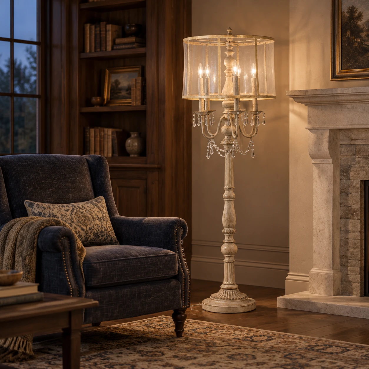 Five-light carved wood floor lamp beside a study fireplace