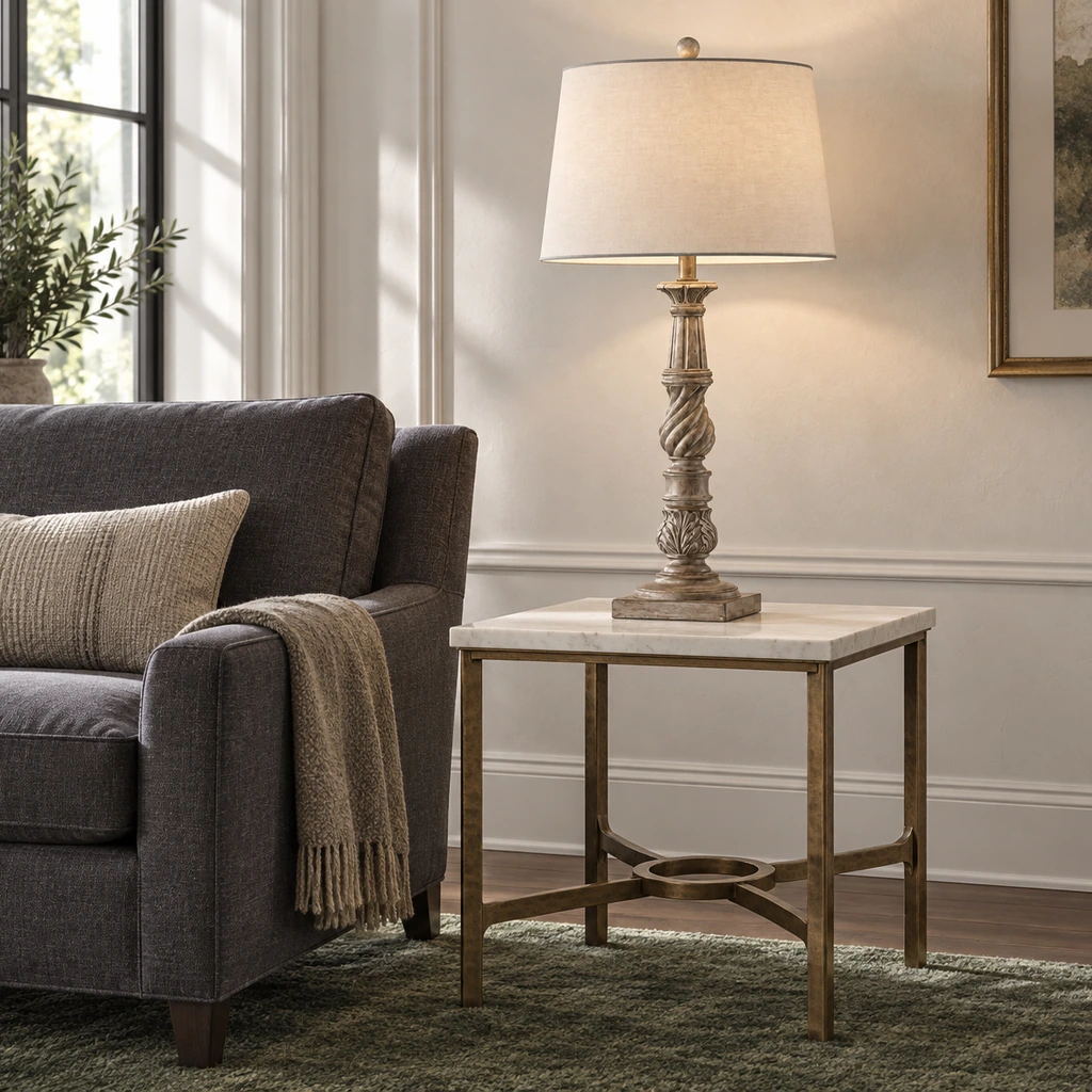Elowen table lamp illuminated on a living-room side table